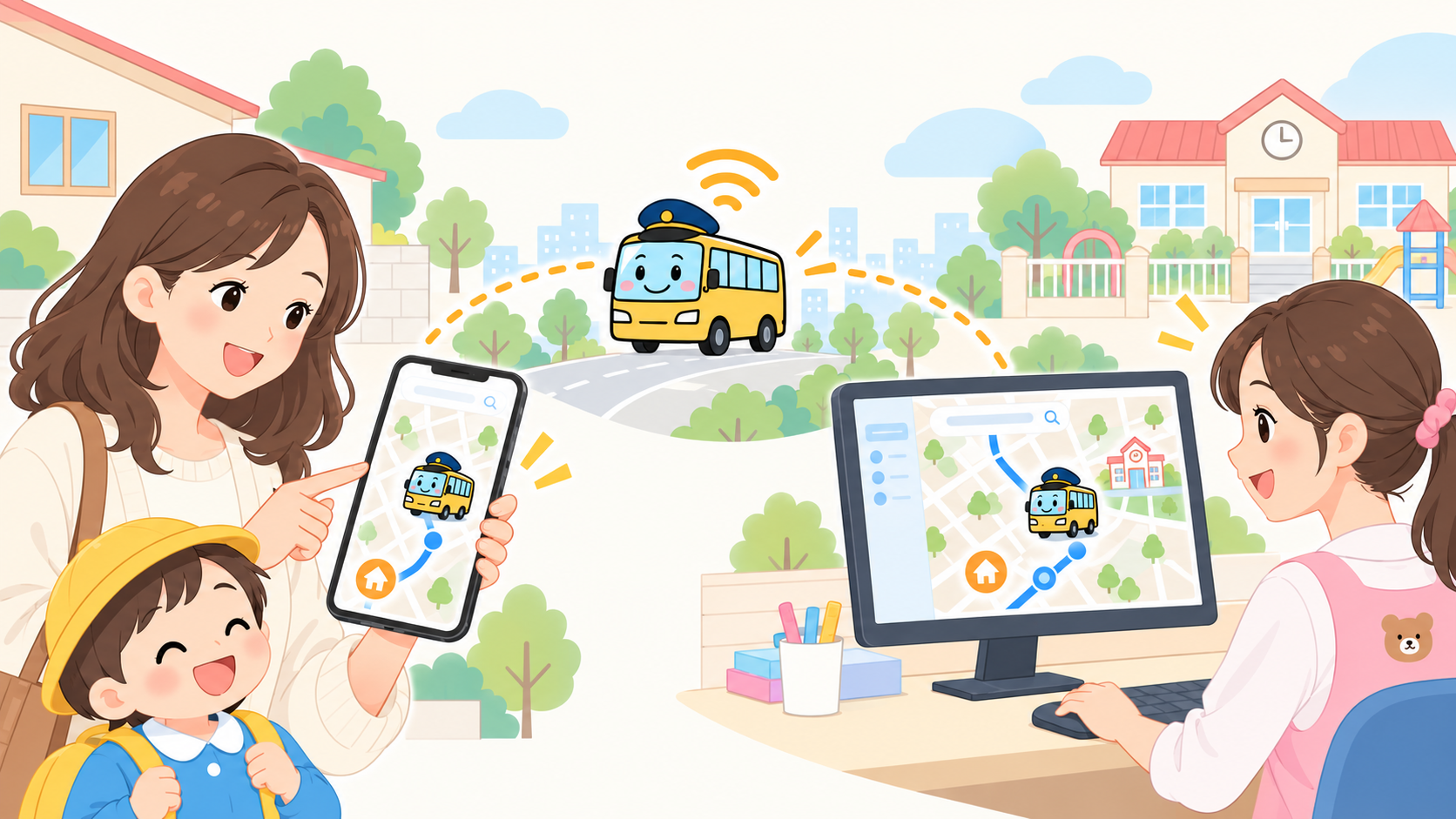 園と保護者がパソコンやスマートフォンの地図で園バスを見守るイメージ